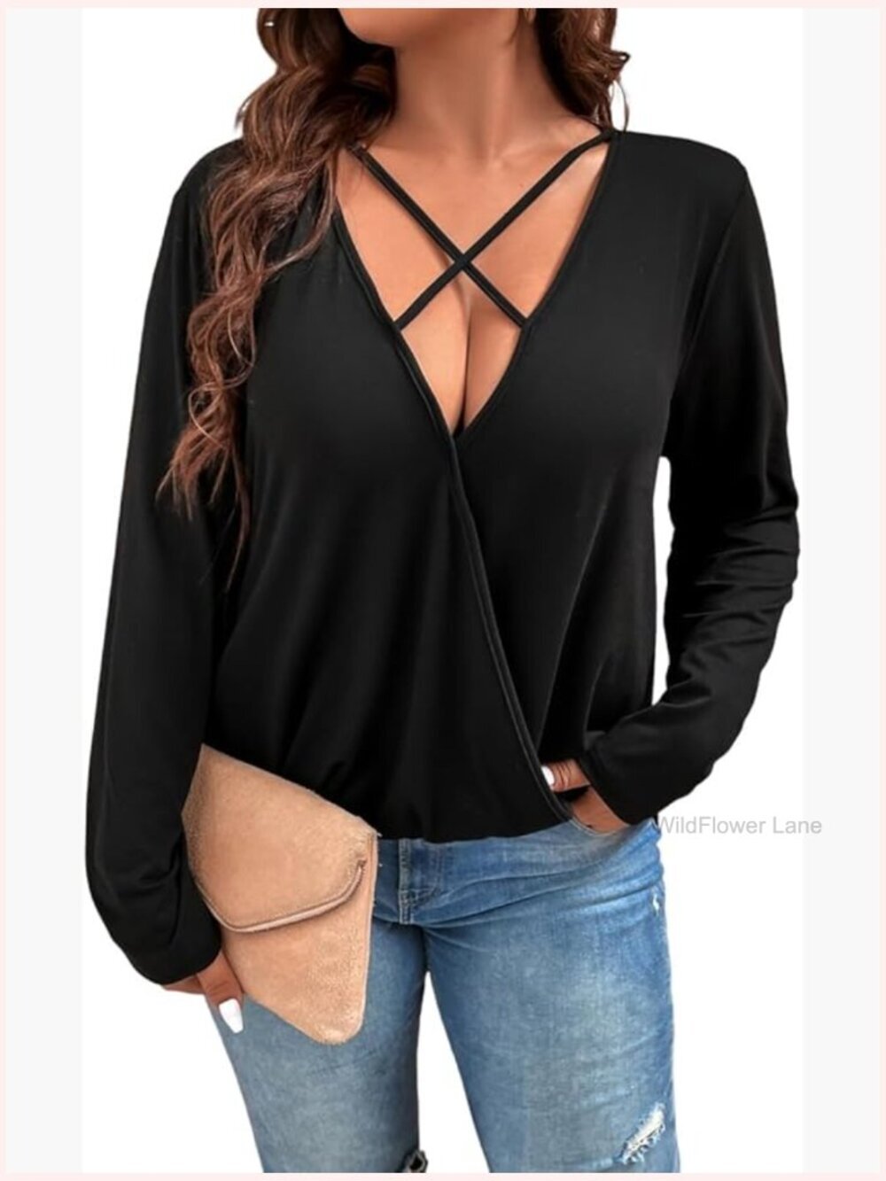 Plus Size Criss Cross Wrap Deep V Neck Long Sleeve Tee